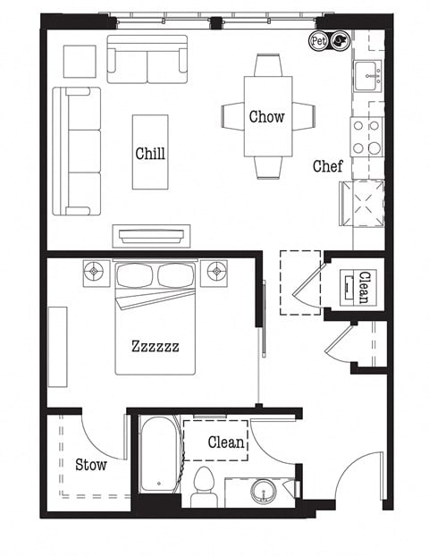 Floor plan for 1 bed, 1 bath, 615 sqft